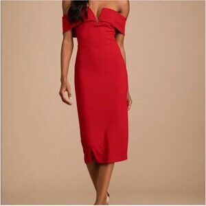Lulu's My Favorite Night Red Off-the-Shoulder Bodycon Midi Dress